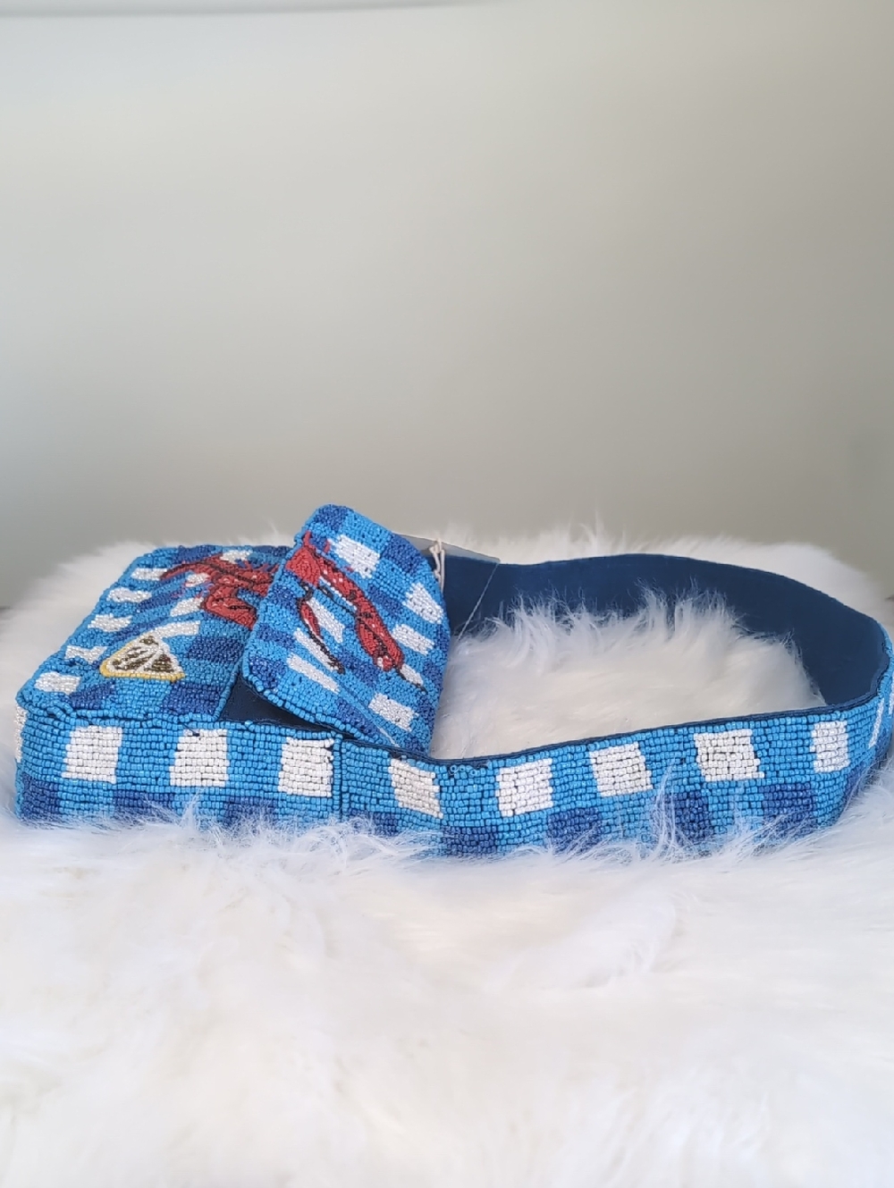 Viral 🎥 SOL and MER Blue Gingham Beaded Lobster and Lemon Shoulder Bag 🦞 - Picture 9 of 16